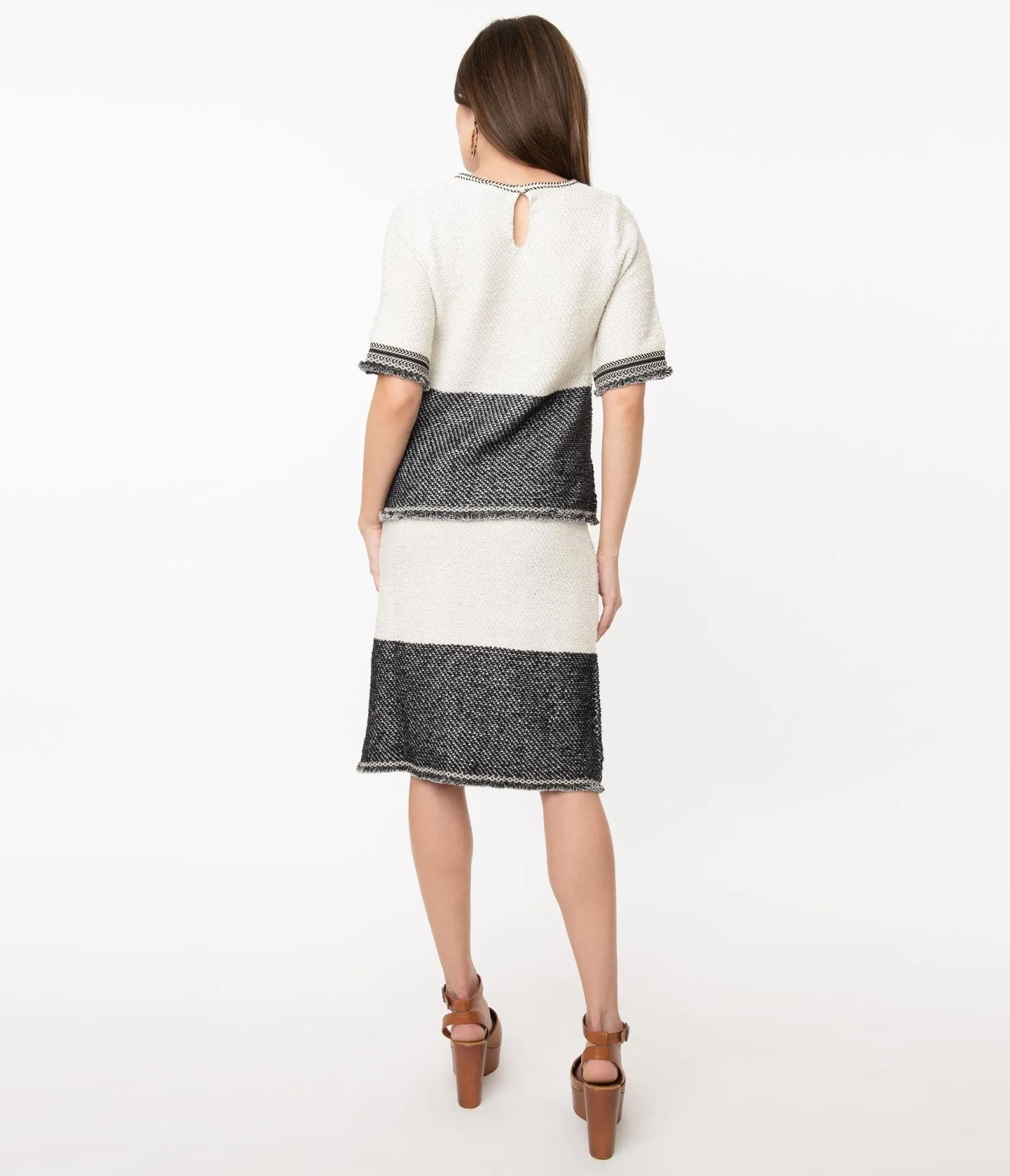 1970s Style Ivory & Black Colorblock Knit Skirt