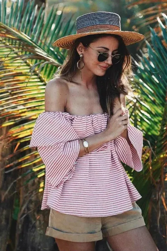 3/4 Sleeves Off Shoulder Striped Blouse