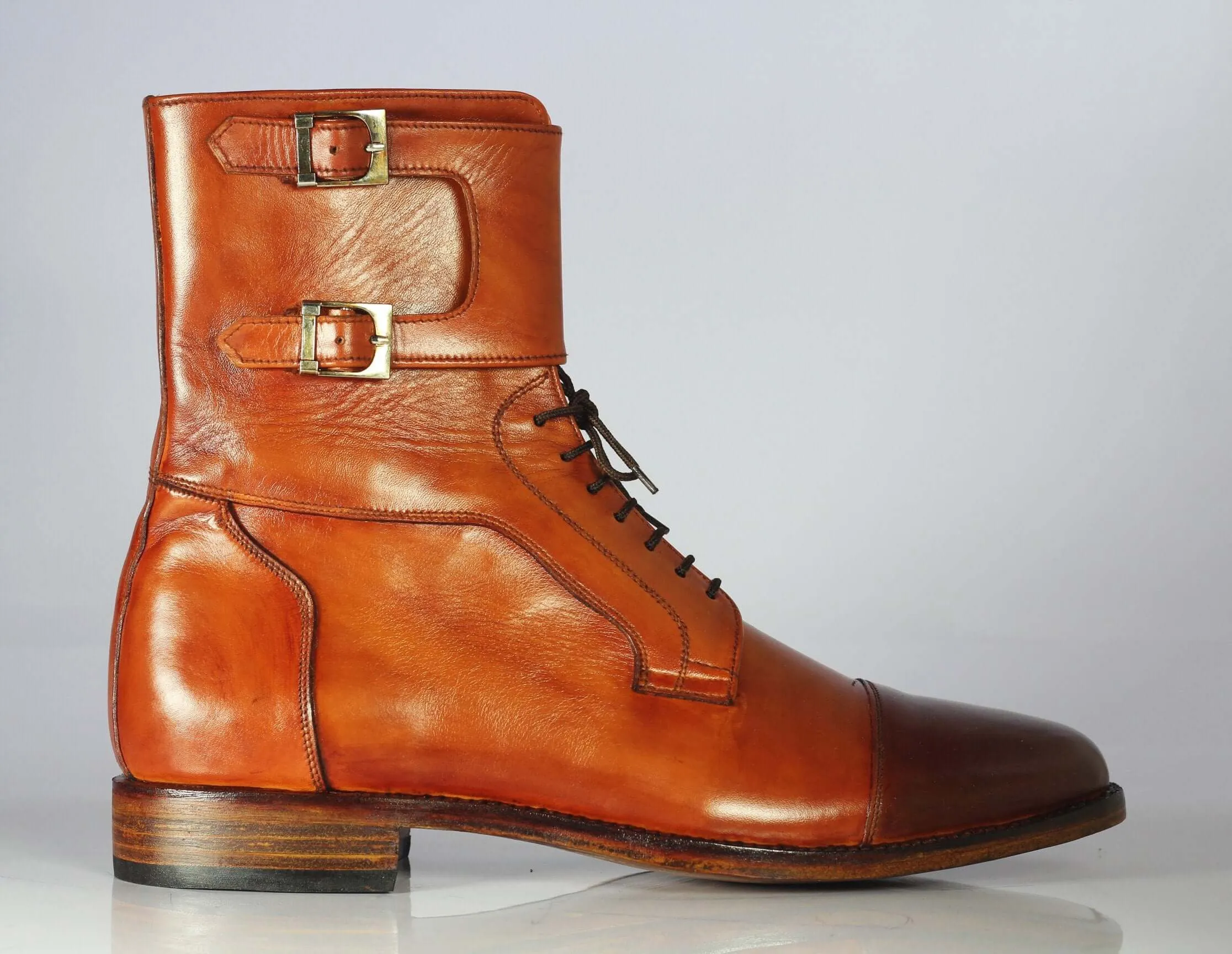 Ankle High Two Tone Cap Toe Buckle Leather Boot