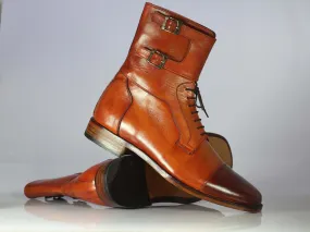 Ankle High Two Tone Cap Toe Buckle Leather Boot