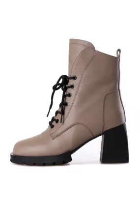 Beige Lace-Up Ankle Boots with Block Heel - Modern & Comfortable