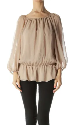 Beige Off-The-Shoulder Peasant-Sleeve Cinched-Waist Blouse