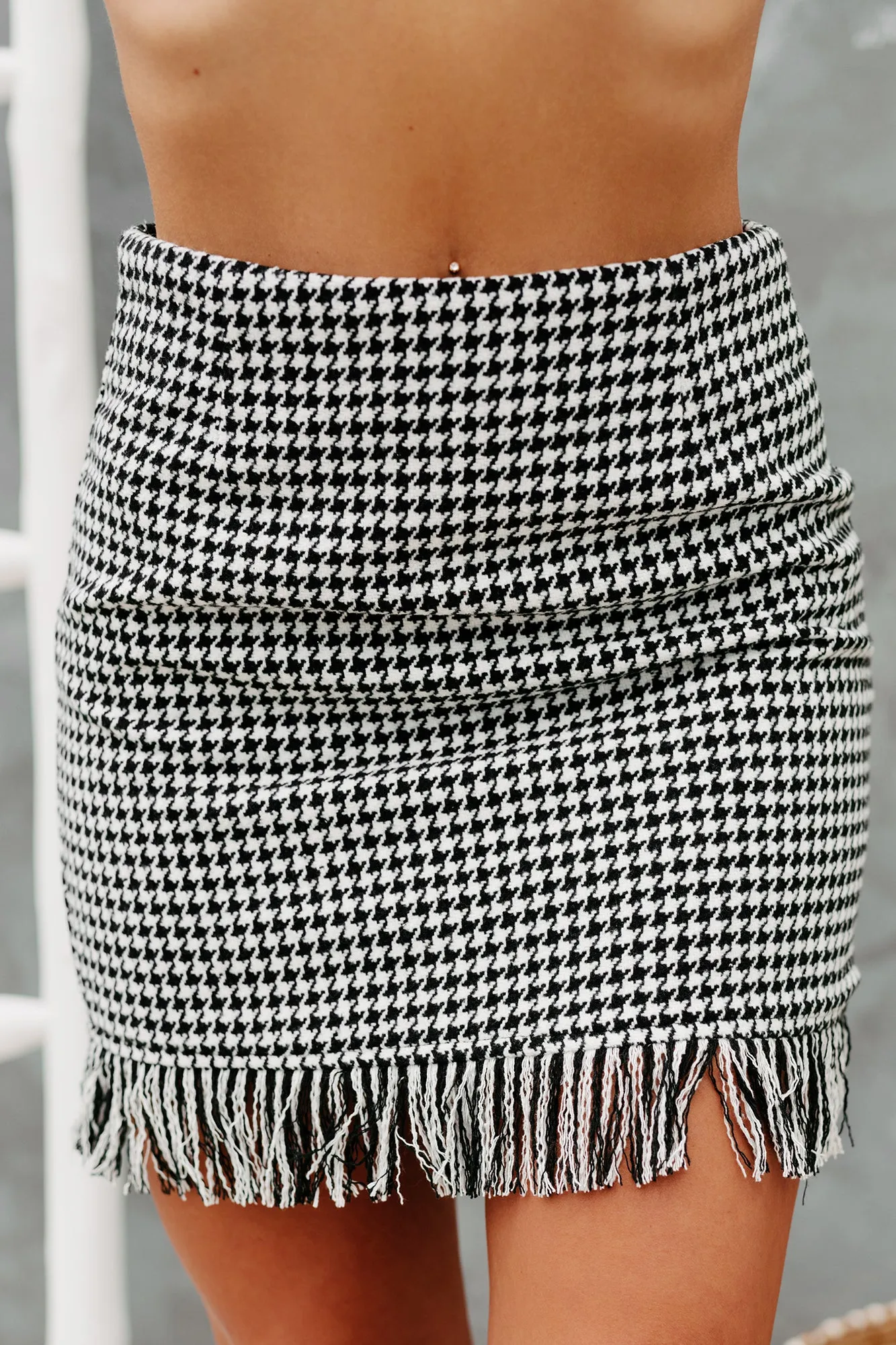 Bitter Love Fringed Houndstooth Mini Skirt (Cream/Black)