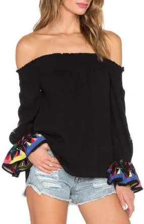 Black Embroidered-Sleeve Off-Shoulder Top