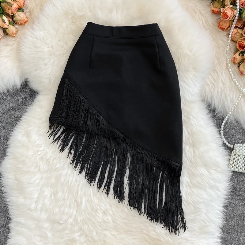 Black fringed irregular skirt    S478