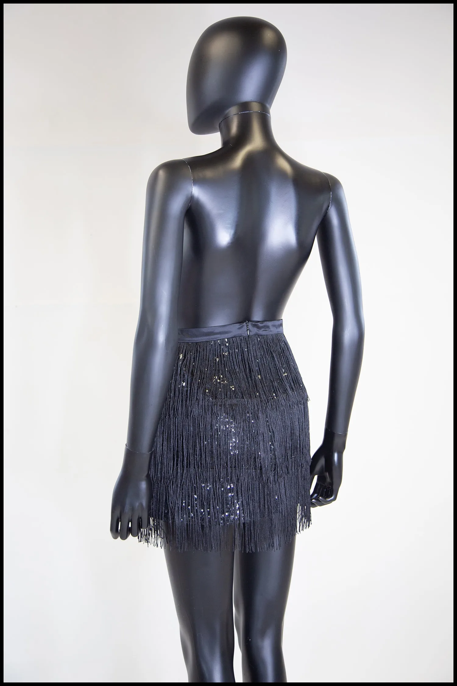 Black Fringed Sequin Mini Skirt