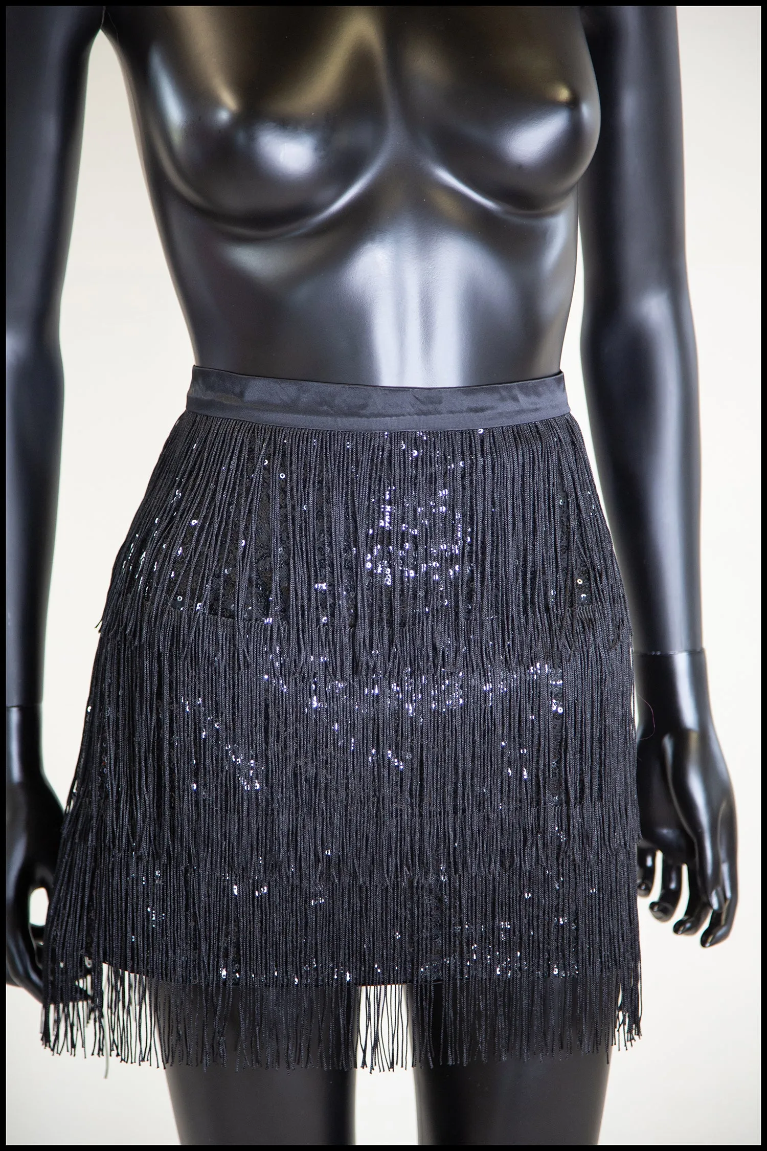 Black Fringed Sequin Mini Skirt