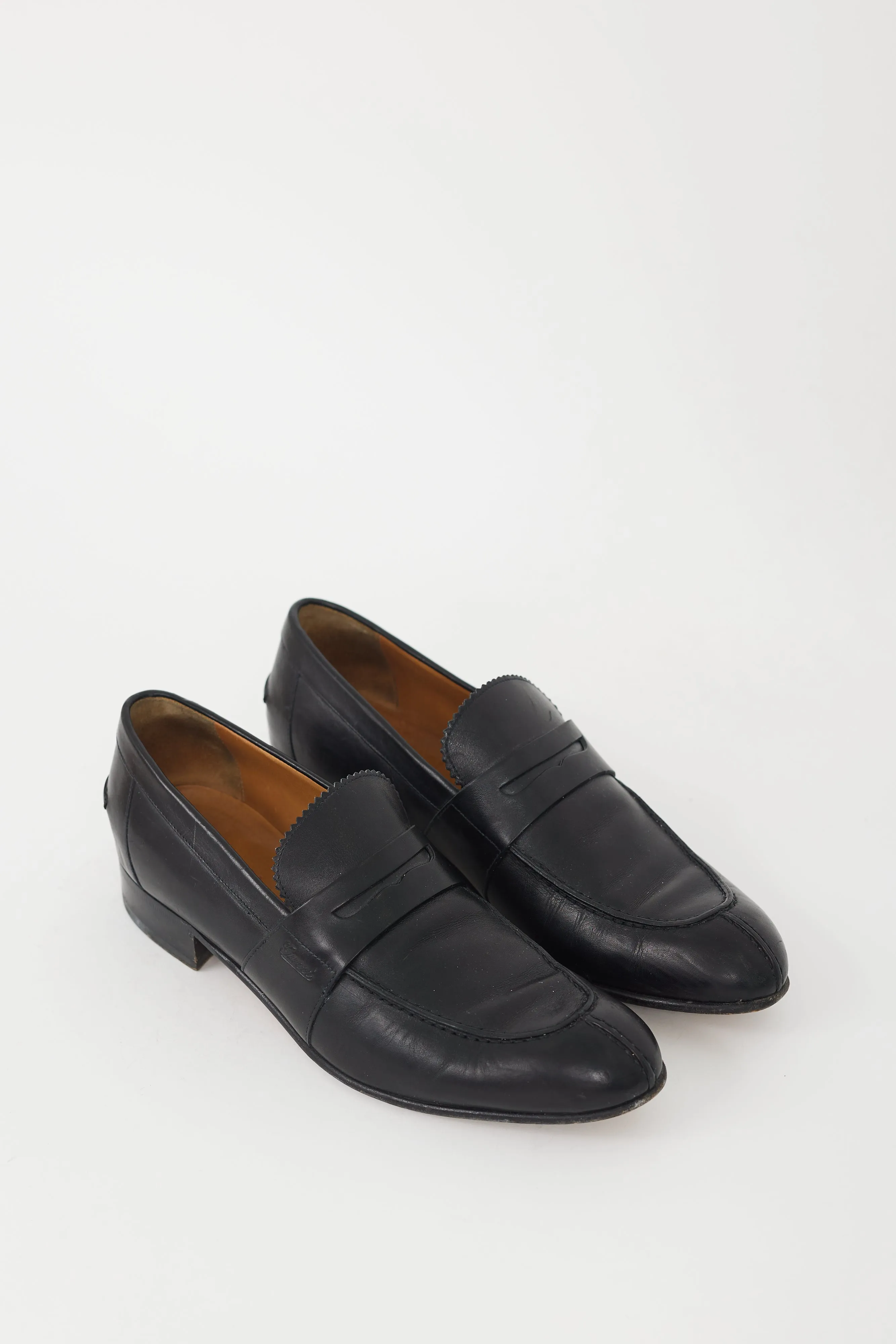 Black Leather Pointed Toe Penny Loafer