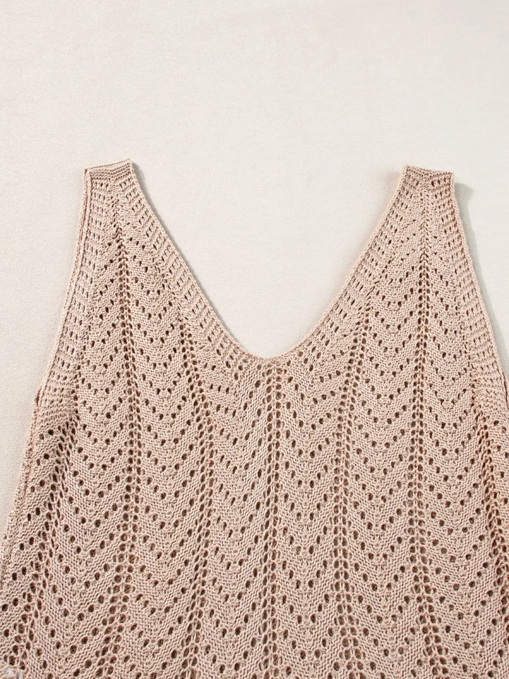 Boho-Chic Pale Khaki Crochet Knit V Neck Sweater Vest