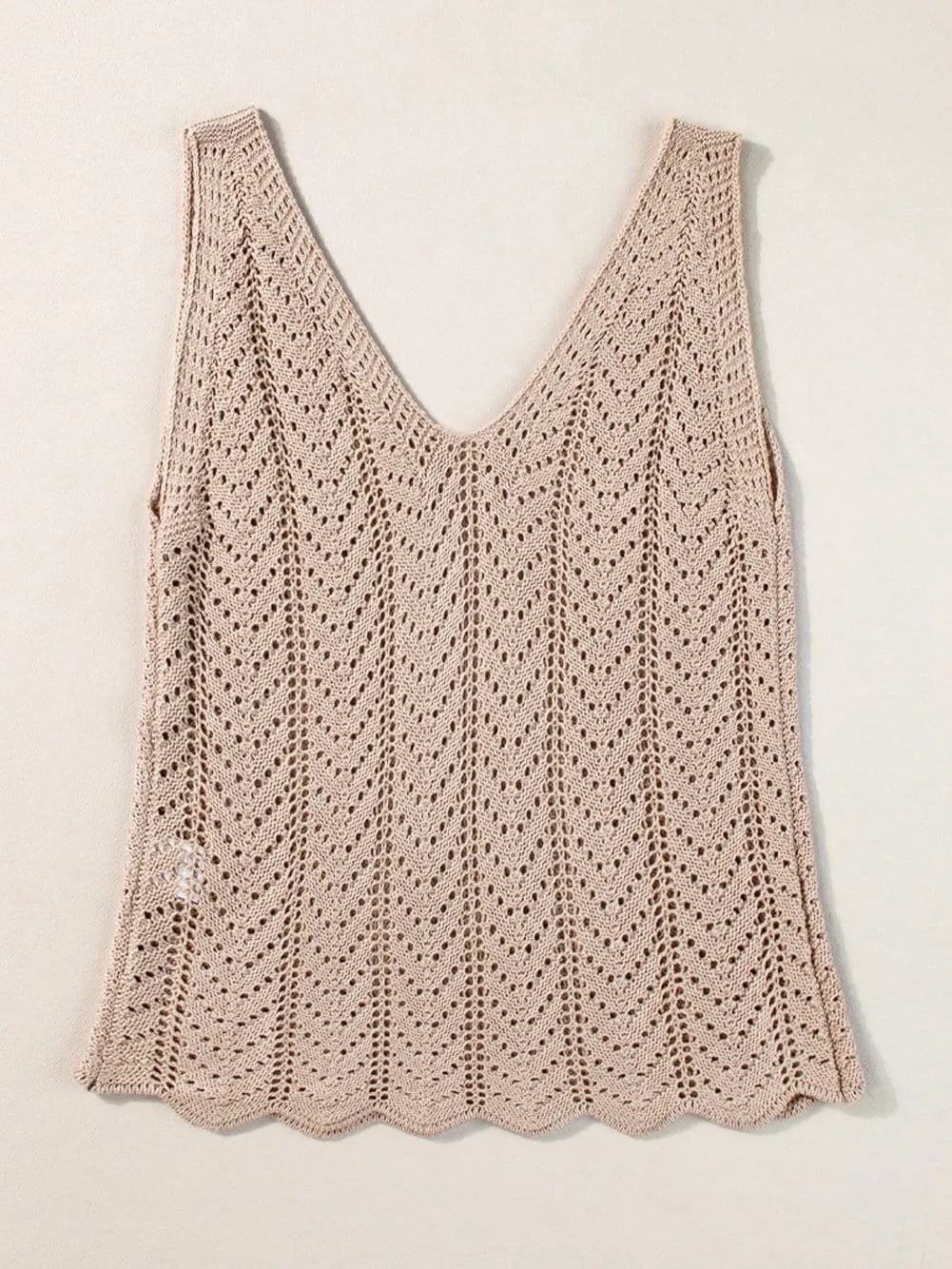 Boho-Chic Pale Khaki Crochet Knit V Neck Sweater Vest