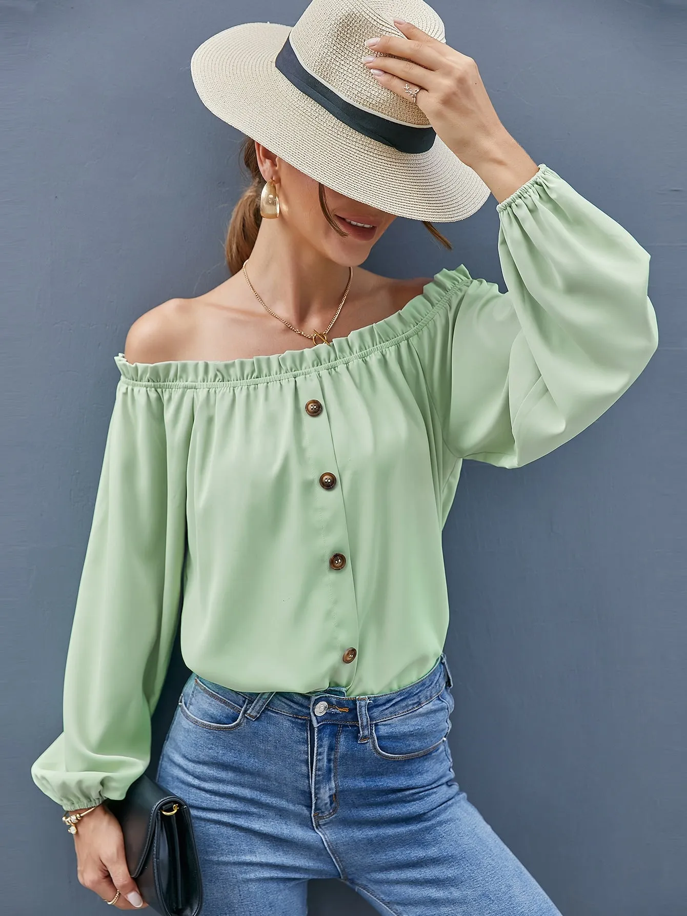 Boho Plain Button Front Long Sleeve Off The Shoulder Regular Blouse