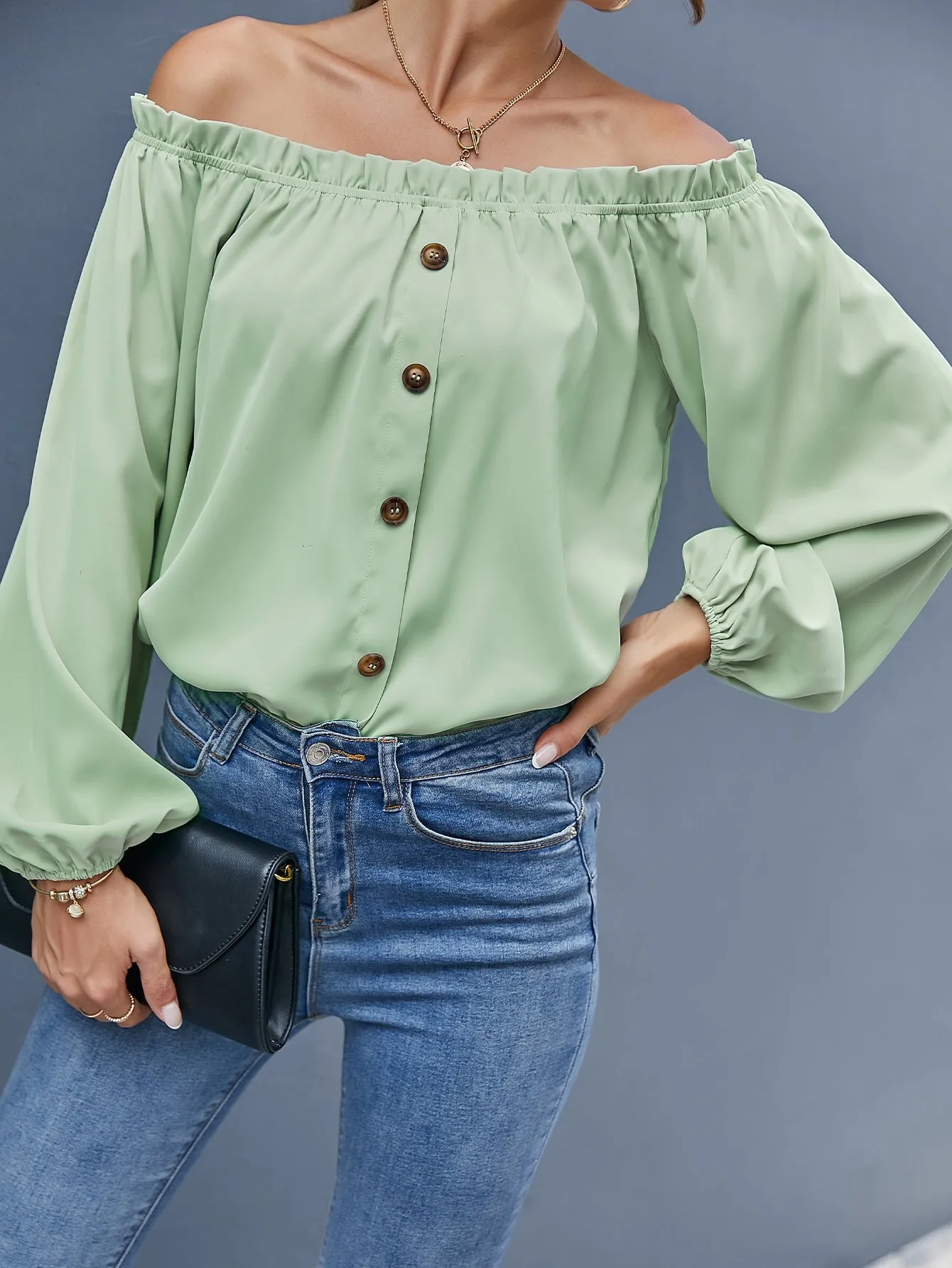 Boho Plain Button Front Long Sleeve Off The Shoulder Regular Blouse