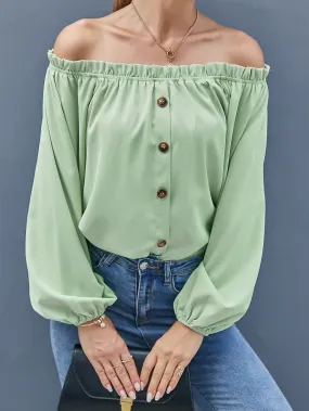 Boho Plain Button Front Long Sleeve Off The Shoulder Regular Blouse