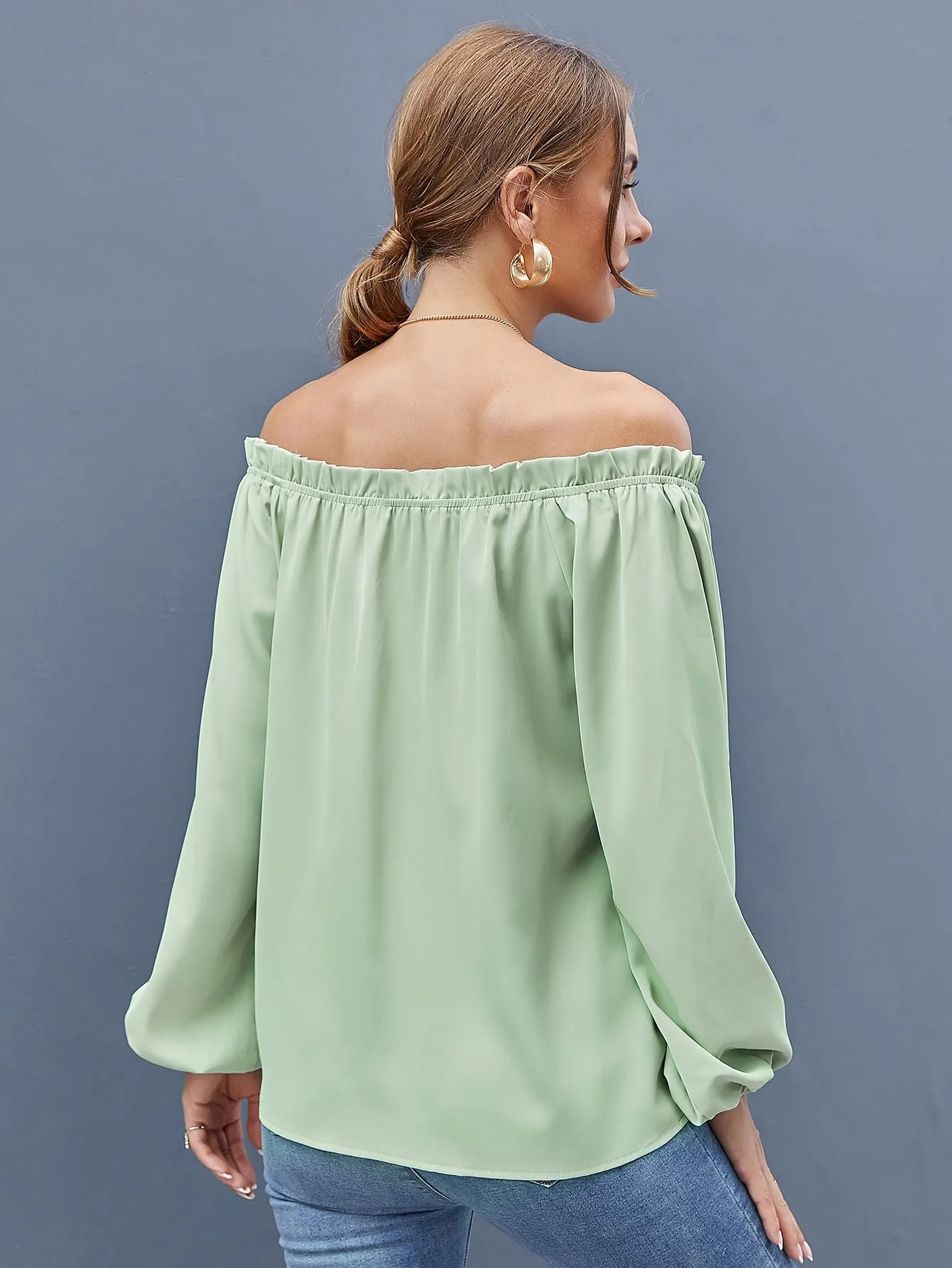 Boho Plain Button Front Long Sleeve Off The Shoulder Regular Blouse