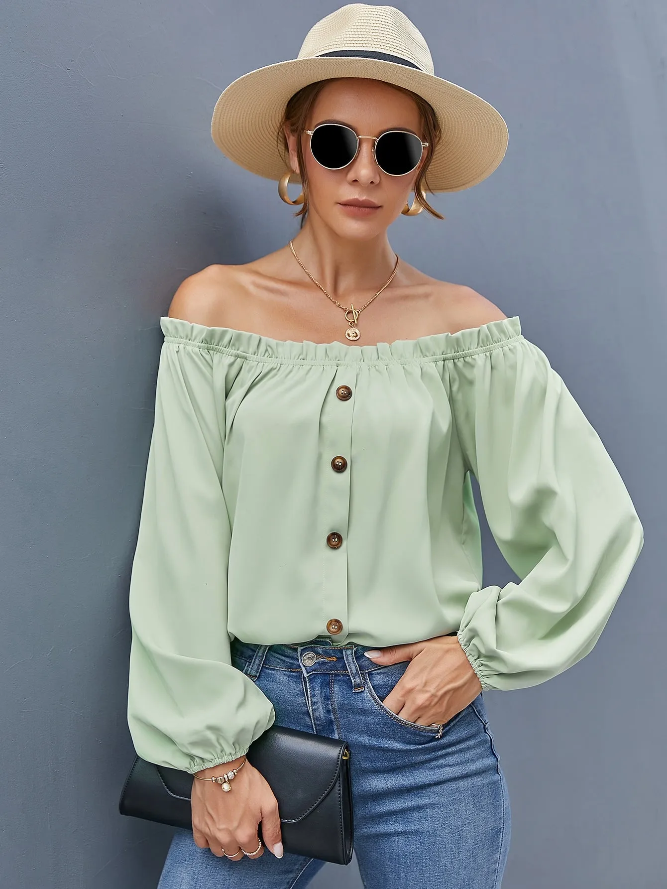 Boho Plain Button Front Long Sleeve Off The Shoulder Regular Blouse