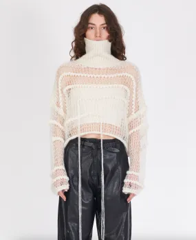 Boxy Turtleneck Mesh Sweater - White