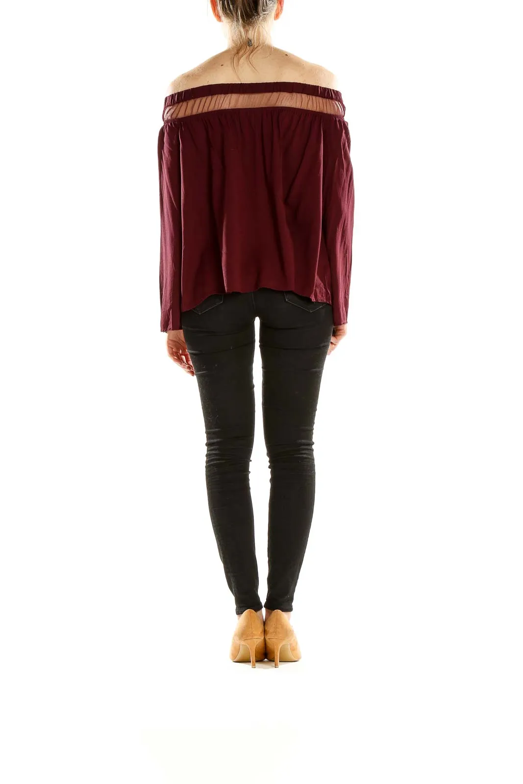 Burgundy Off-Shoulder Sheer Panel Top