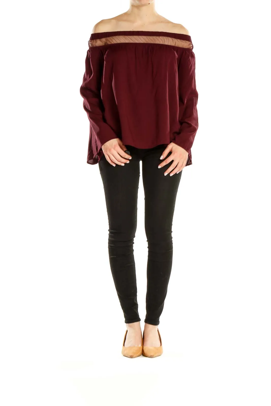 Burgundy Off-Shoulder Sheer Panel Top