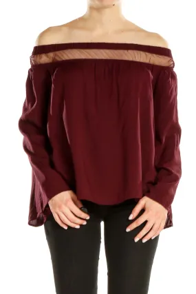 Burgundy Off-Shoulder Sheer Panel Top