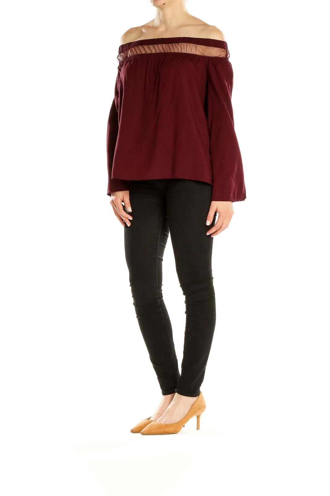 Burgundy Off-Shoulder Sheer Panel Top