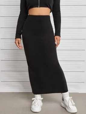 Casual Plain Split Thigh High Waist Maxi Women Skirt