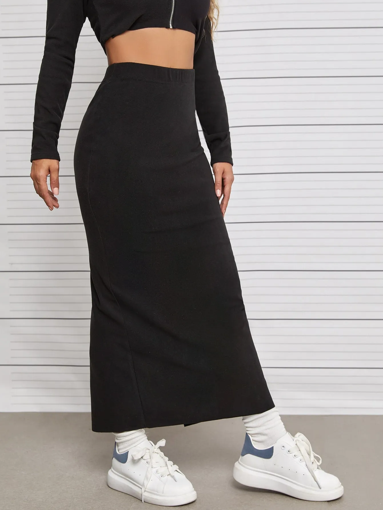 Casual Plain Split Thigh High Waist Maxi Women Skirt