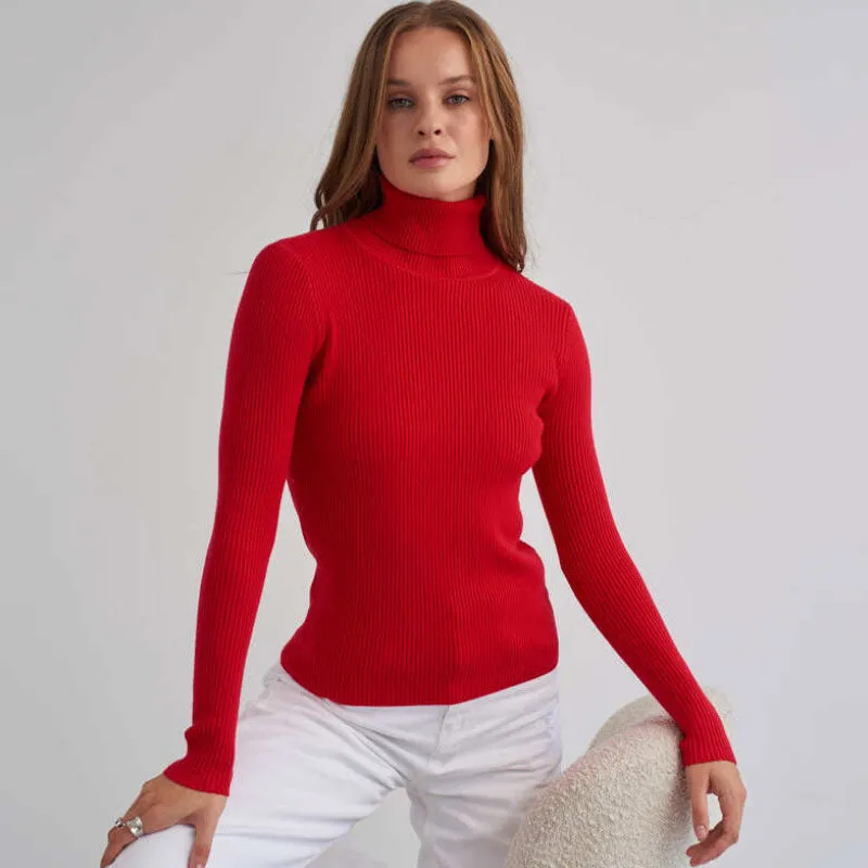 Chic Solid Turtleneck Long Sleeve Ribbed Knit Winter Fitted Pullover Sweater