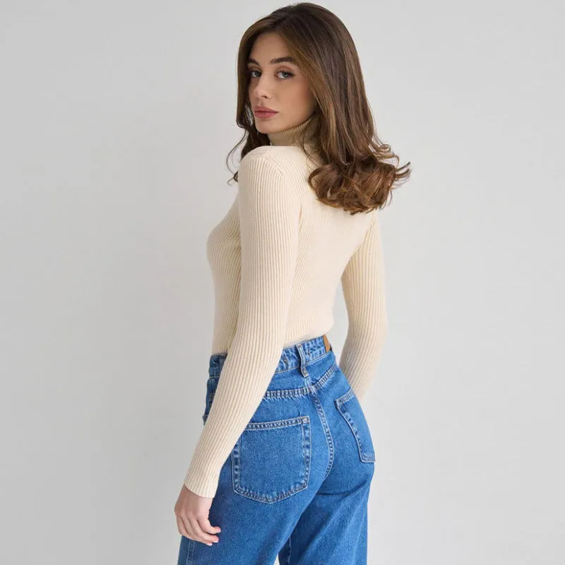 Chic Solid Turtleneck Long Sleeve Ribbed Knit Winter Fitted Pullover Sweater