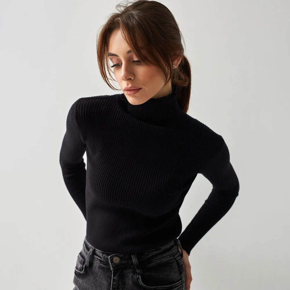 Chic Solid Turtleneck Long Sleeve Ribbed Knit Winter Fitted Pullover Sweater