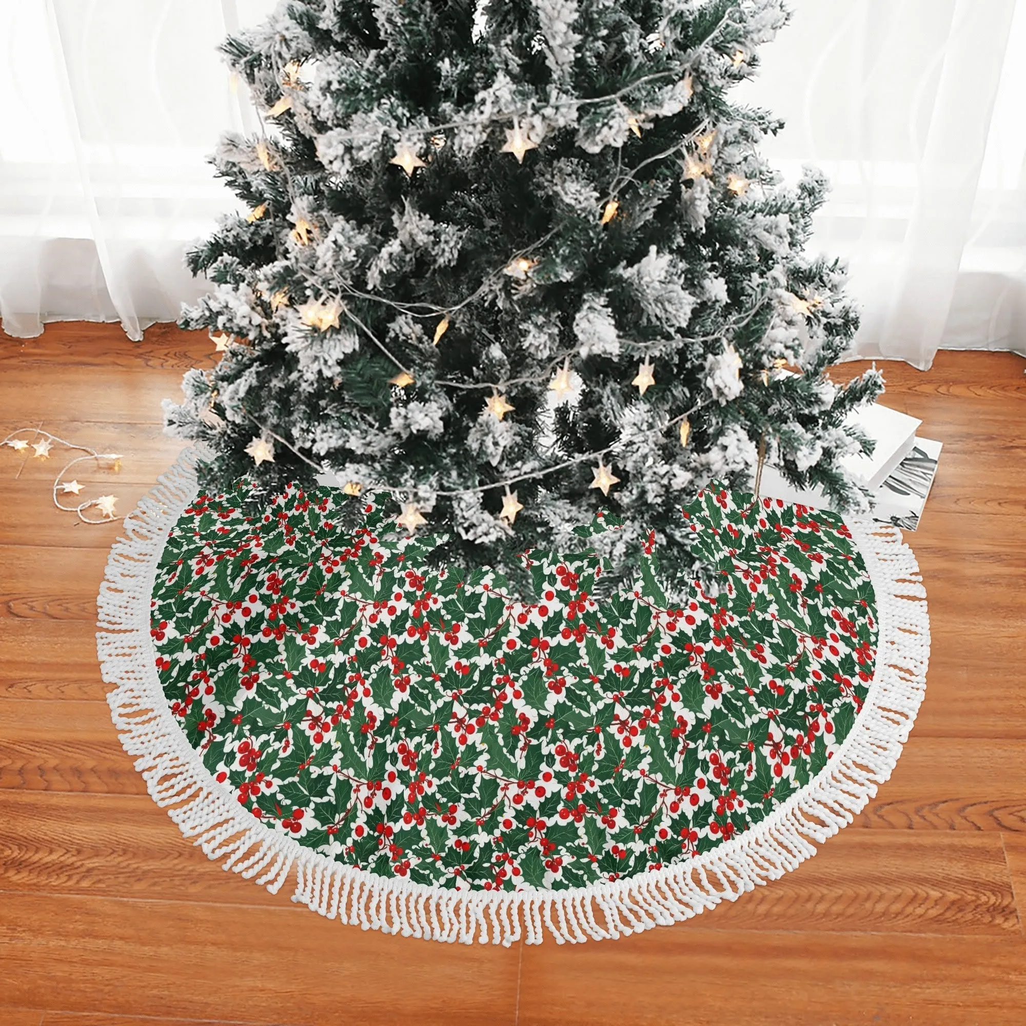 Christmas Holly Fringed Christmas Tree Skirts