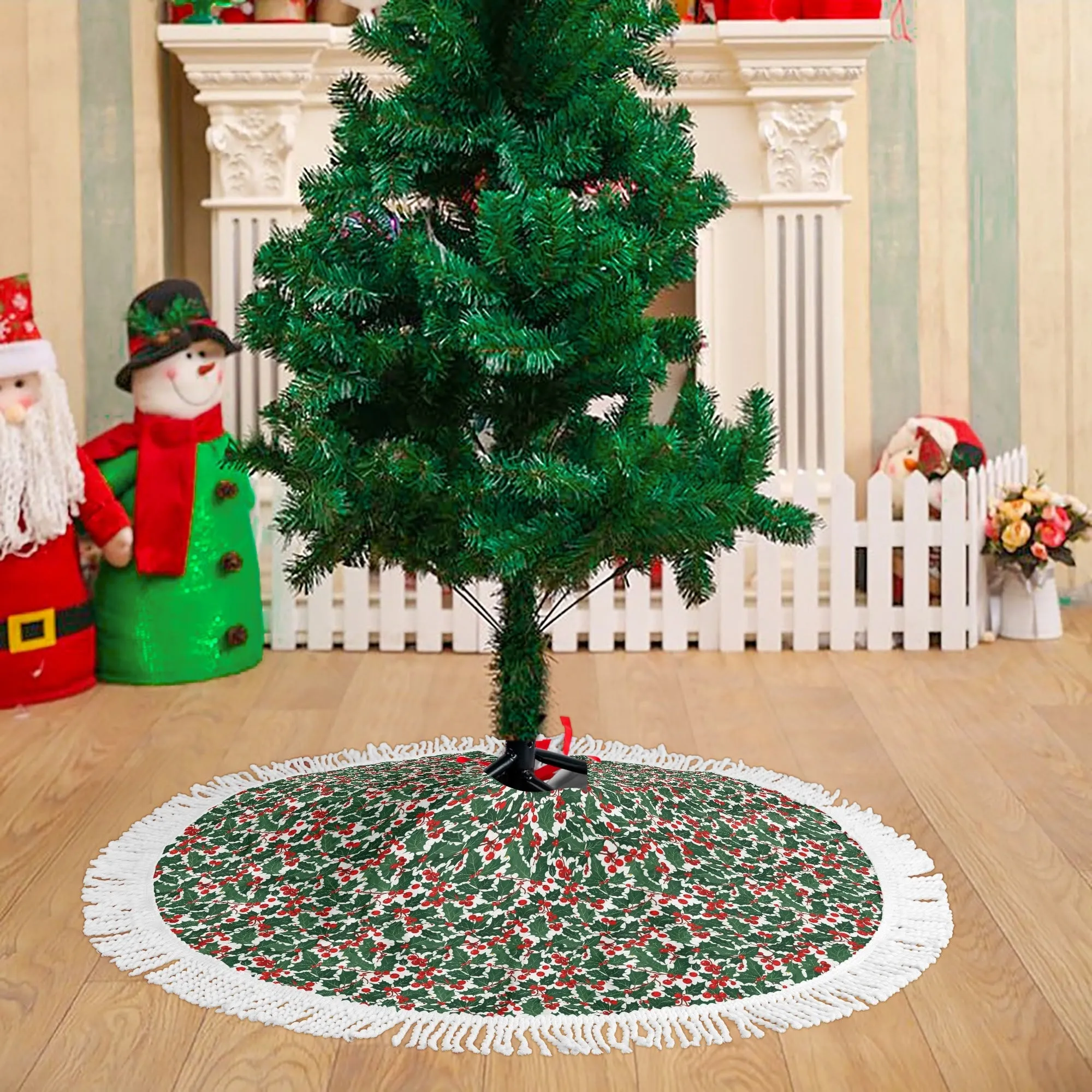 Christmas Holly Fringed Christmas Tree Skirts