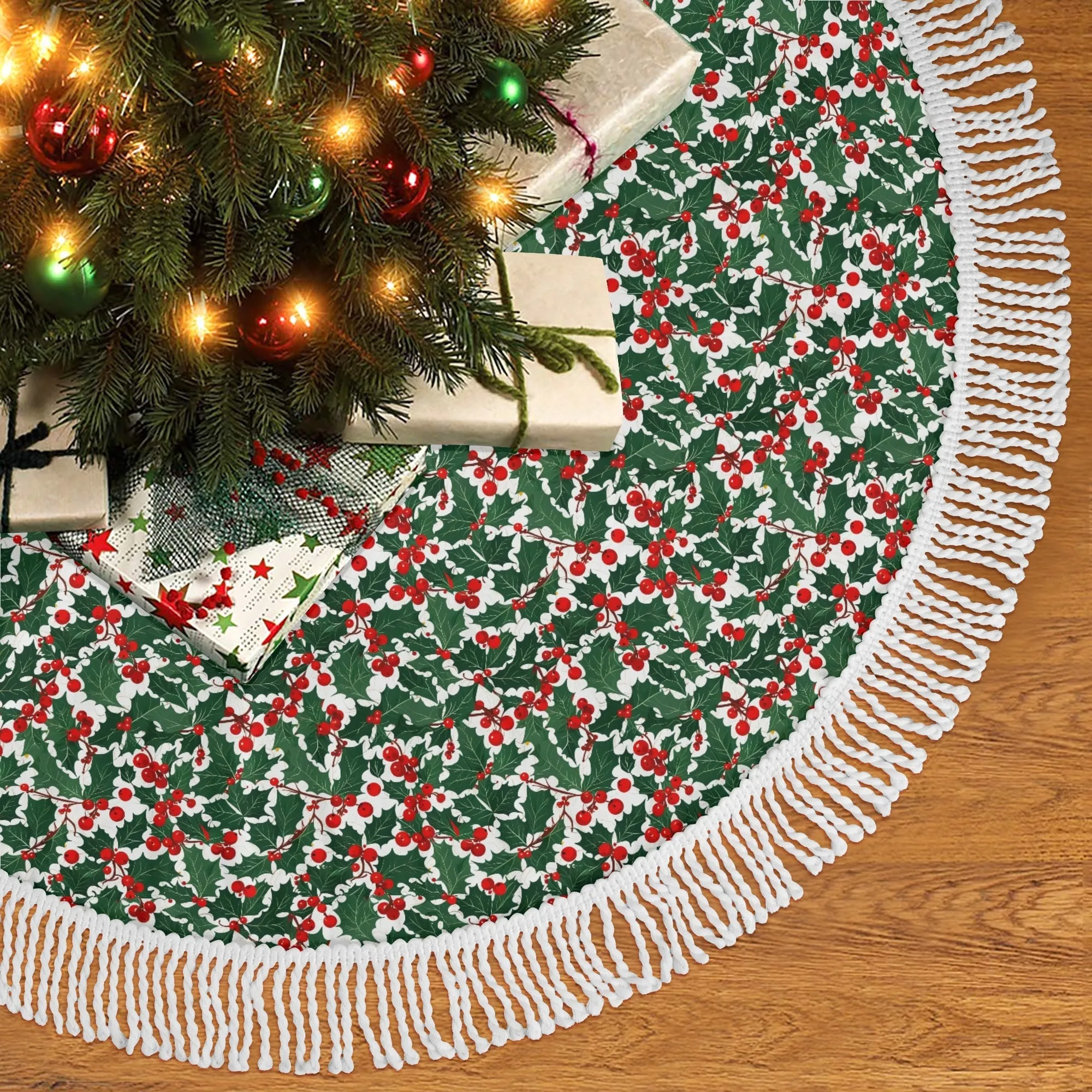 Christmas Holly Fringed Christmas Tree Skirts