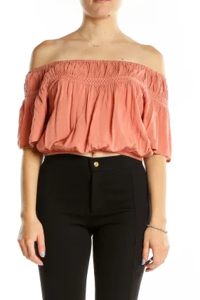 Coral Off-Shoulder Cropped Rayon Top