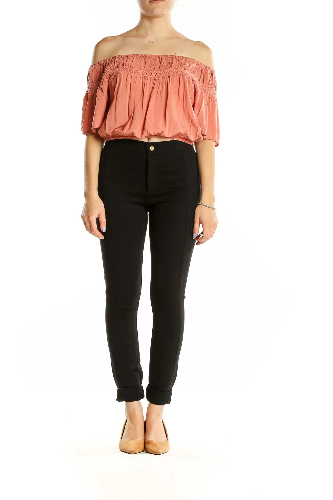 Coral Off-Shoulder Cropped Rayon Top