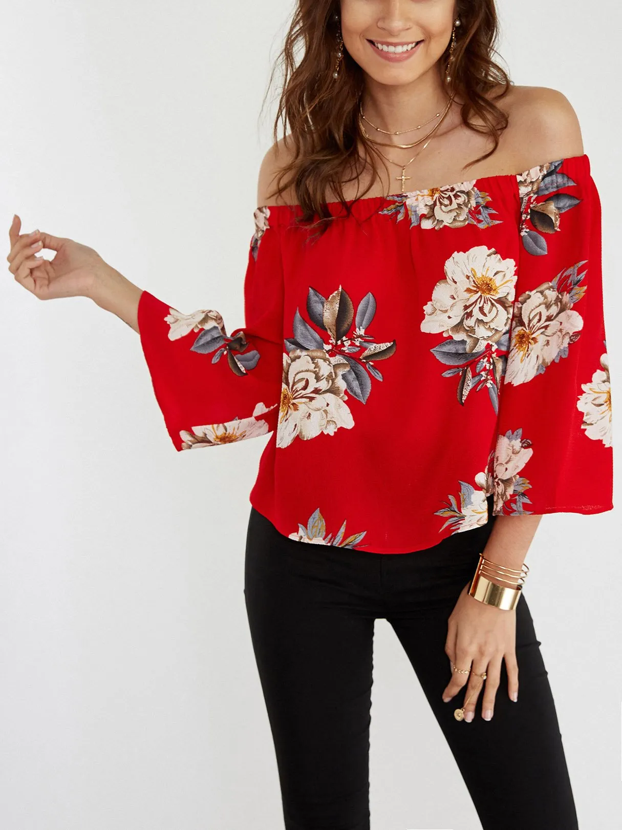 Custom Off The Shoulder Floral Print 3/4 Sleeve Red Blouses