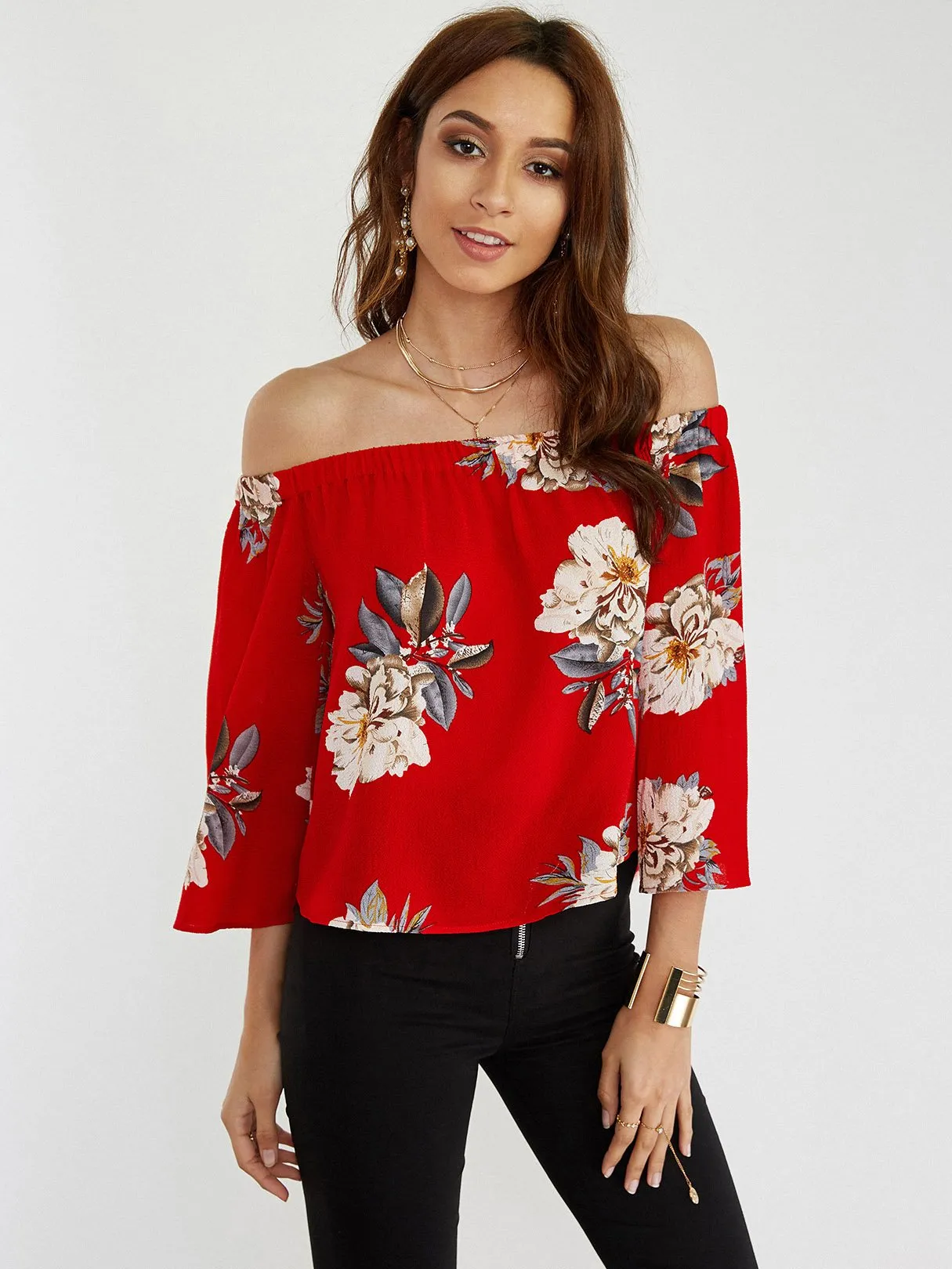 Custom Off The Shoulder Floral Print 3/4 Sleeve Red Blouses