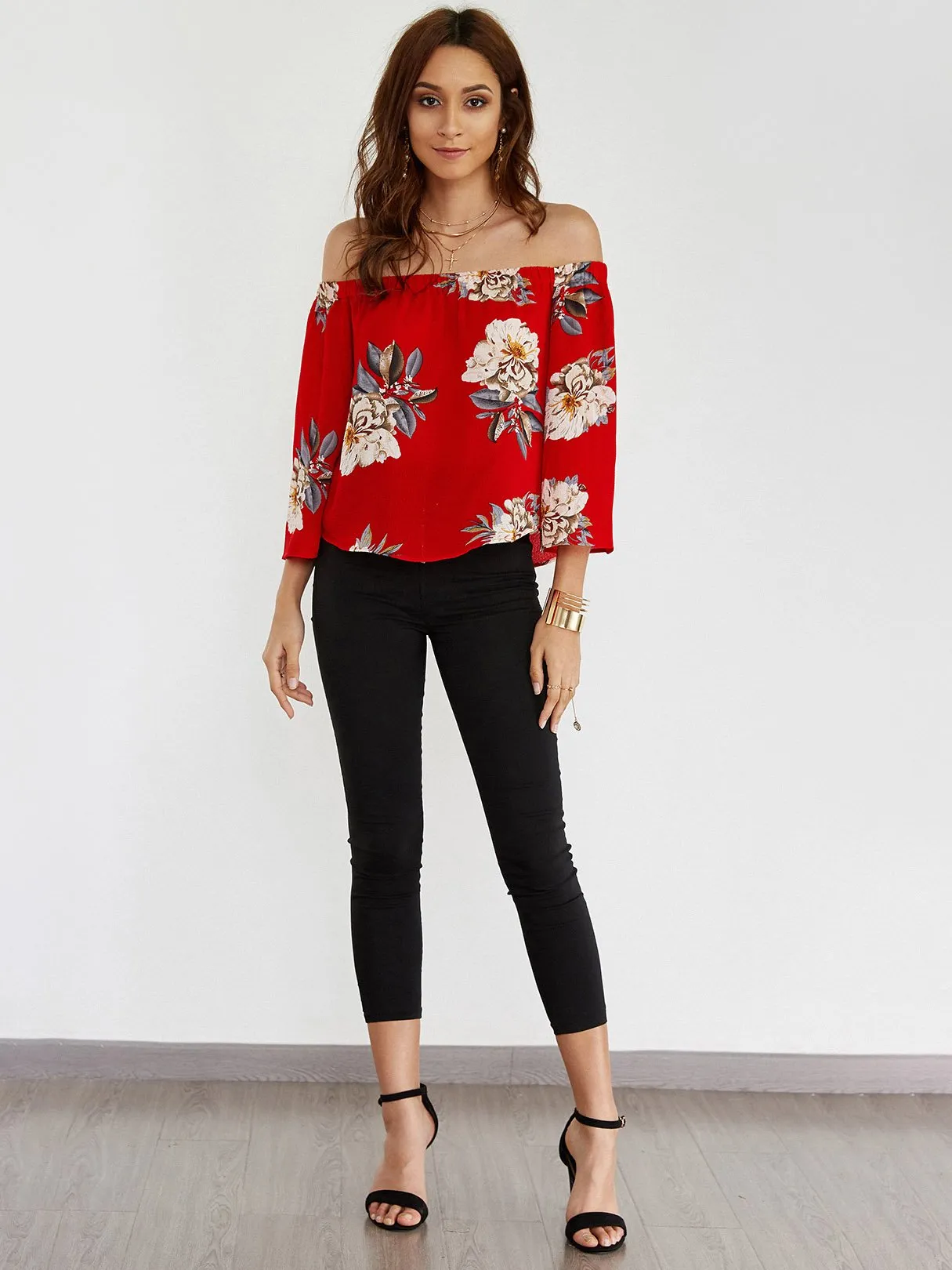 Custom Off The Shoulder Floral Print 3/4 Sleeve Red Blouses