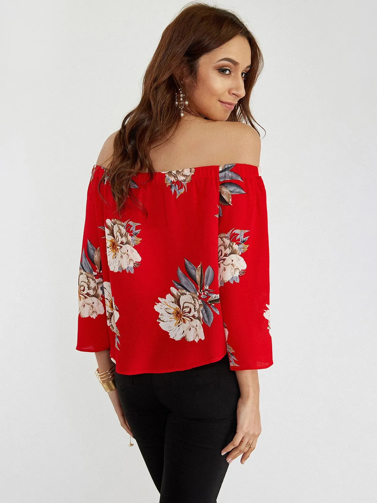 Custom Off The Shoulder Floral Print 3/4 Sleeve Red Blouses