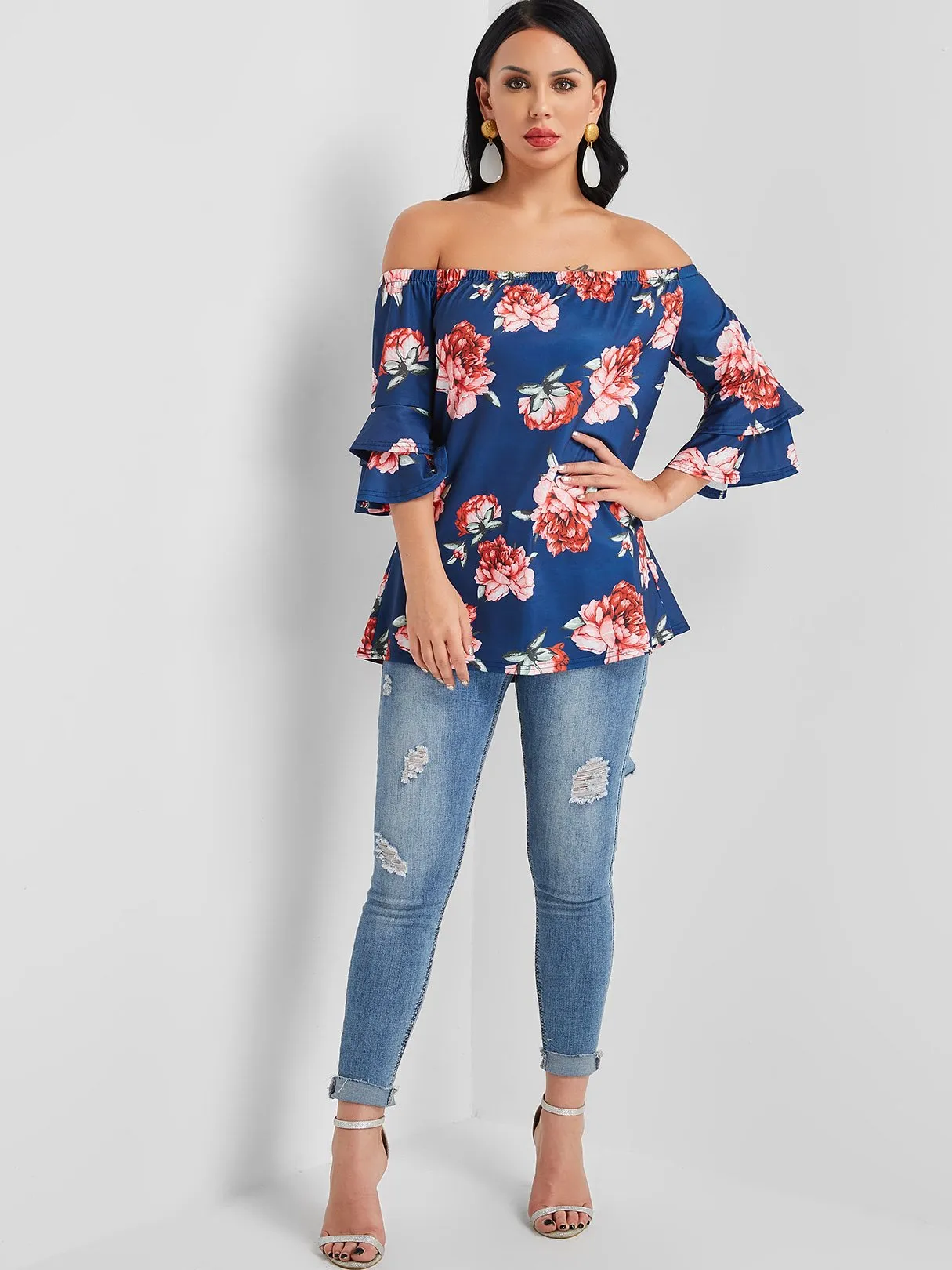 Custom Off The Shoulder Floral Print Half Sleeve Navy Blouses