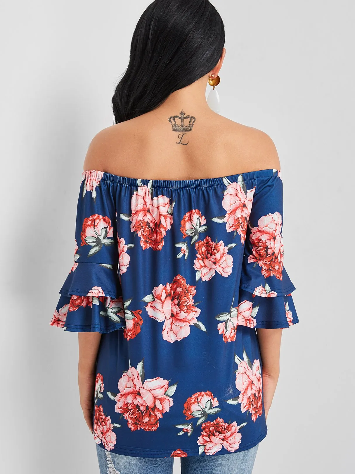 Custom Off The Shoulder Floral Print Half Sleeve Navy Blouses