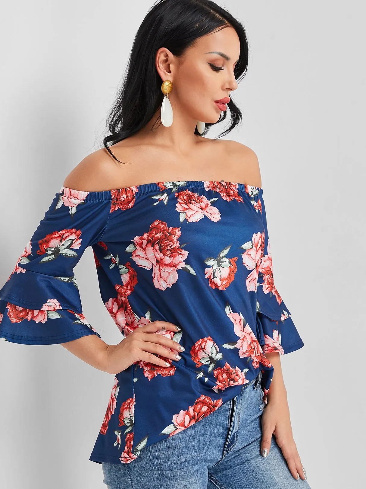 Custom Off The Shoulder Floral Print Half Sleeve Navy Blouses