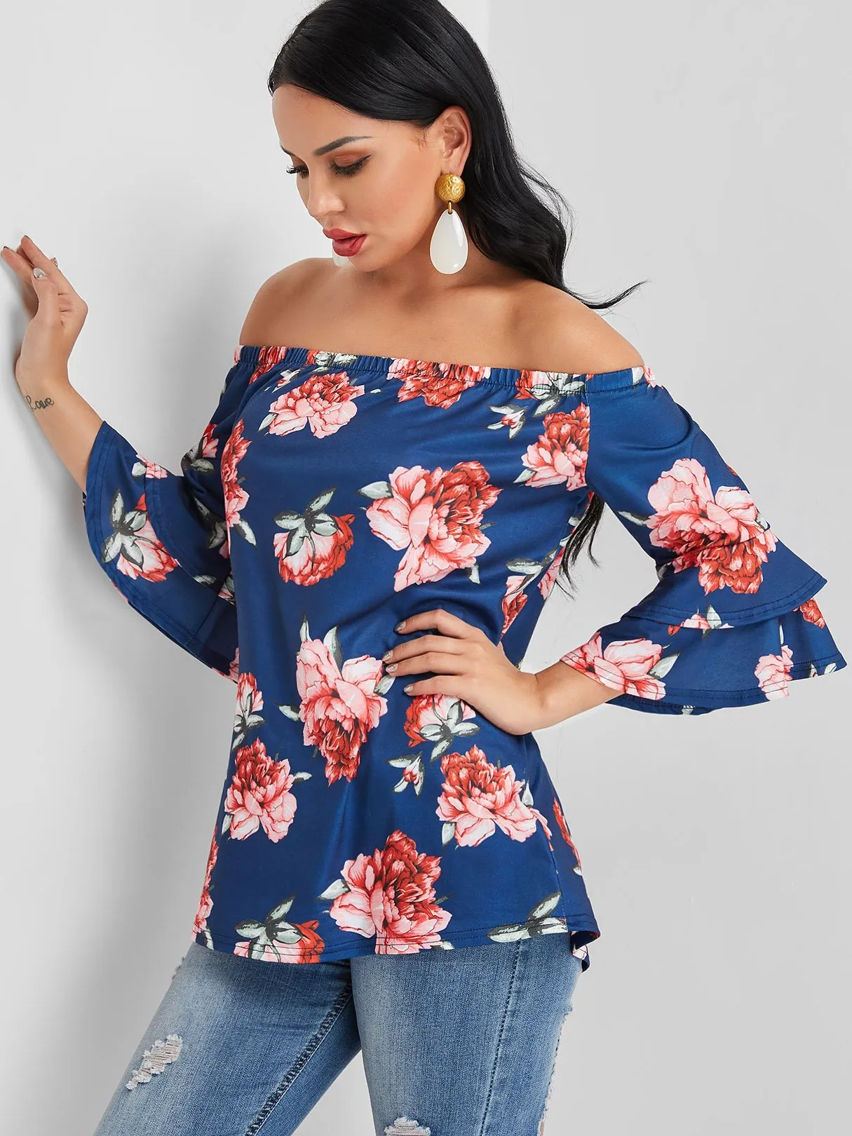 Custom Off The Shoulder Floral Print Half Sleeve Navy Blouses