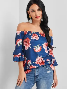 Custom Off The Shoulder Floral Print Half Sleeve Navy Blouses