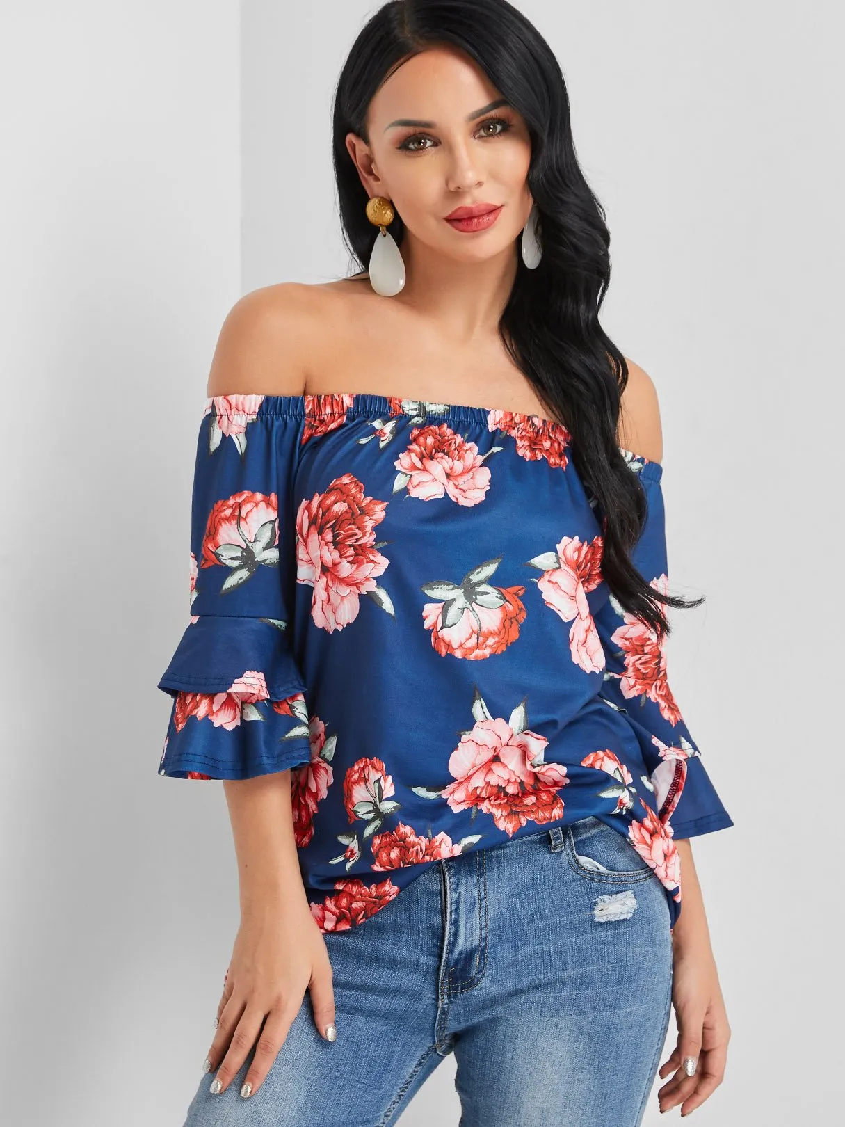 Custom Off The Shoulder Floral Print Half Sleeve Navy Blouses