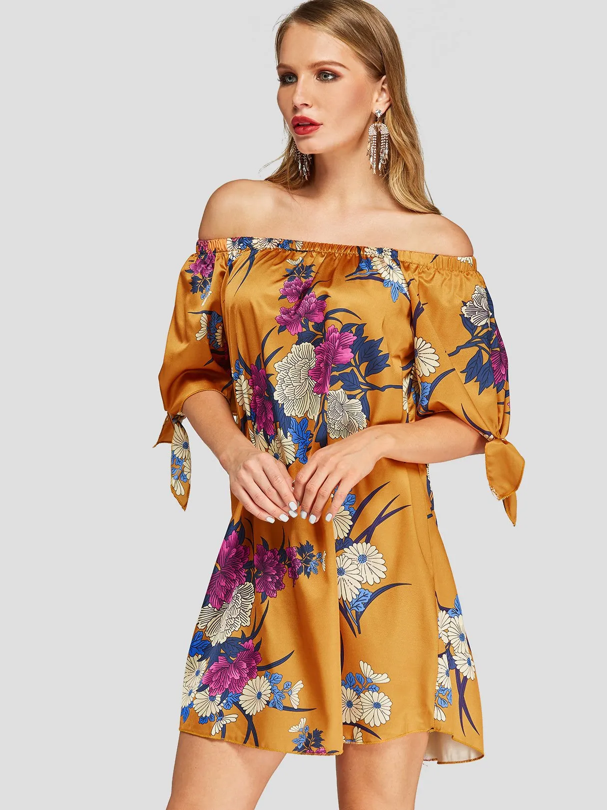 Custom Off The Shoulder Floral Print Half Sleeve Orange Blouses