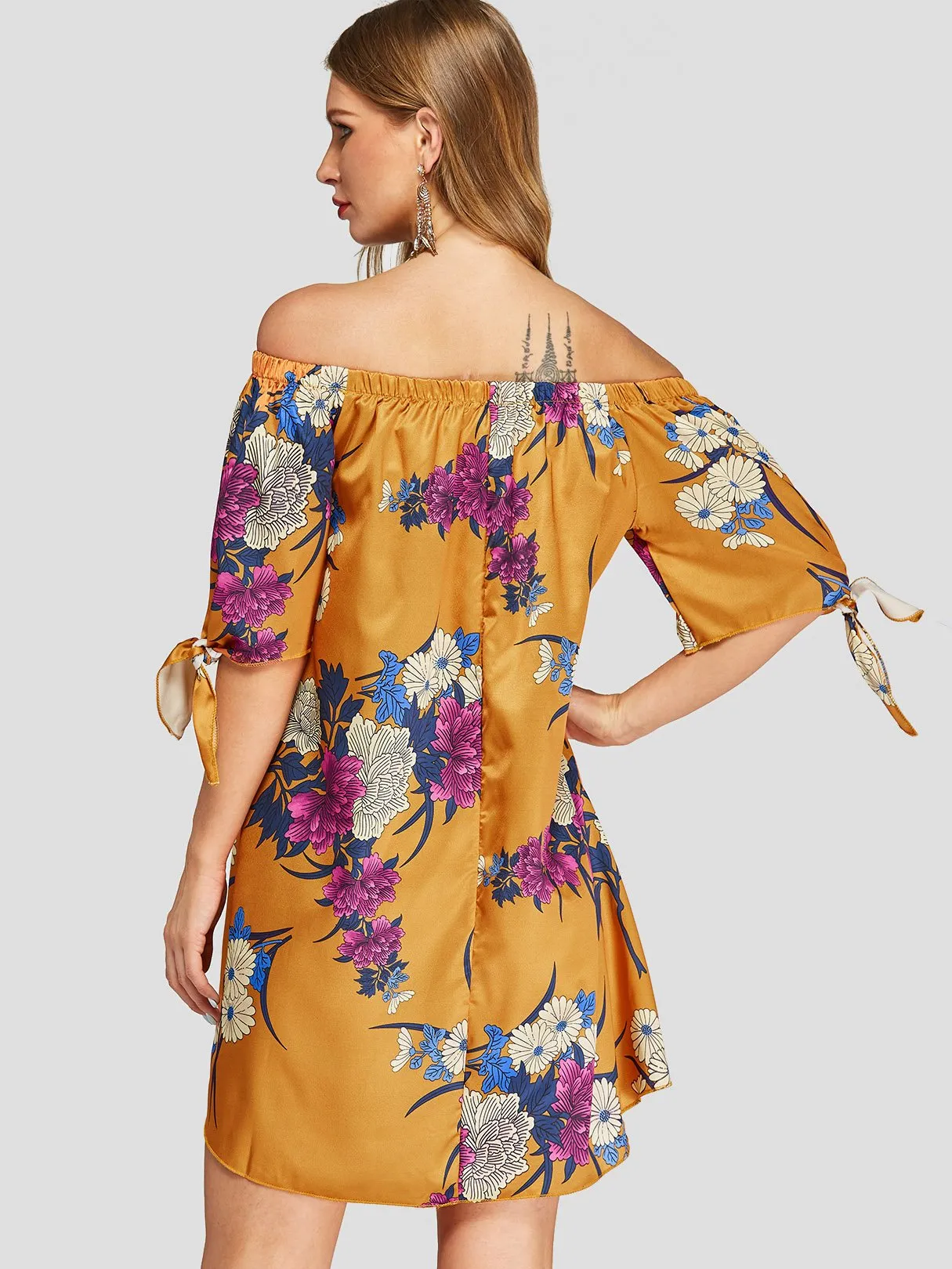 Custom Off The Shoulder Floral Print Half Sleeve Orange Blouses