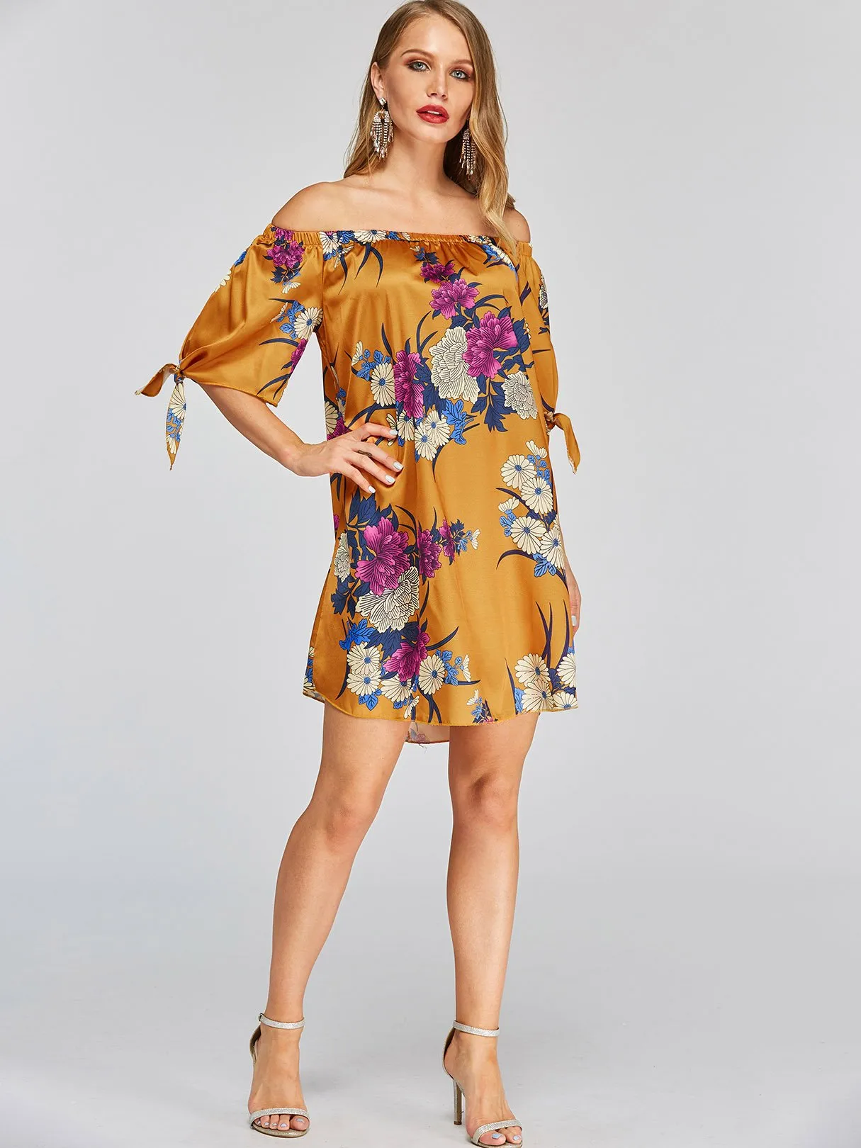 Custom Off The Shoulder Floral Print Half Sleeve Orange Blouses