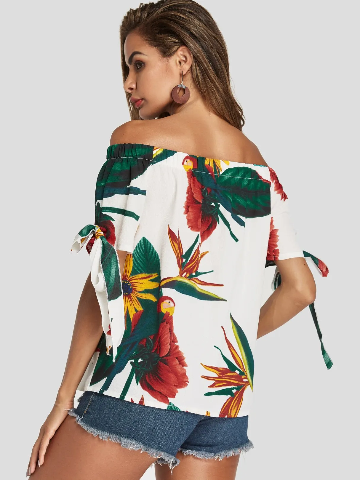 Custom Off The Shoulder Floral Print Short Sleeve Blouses