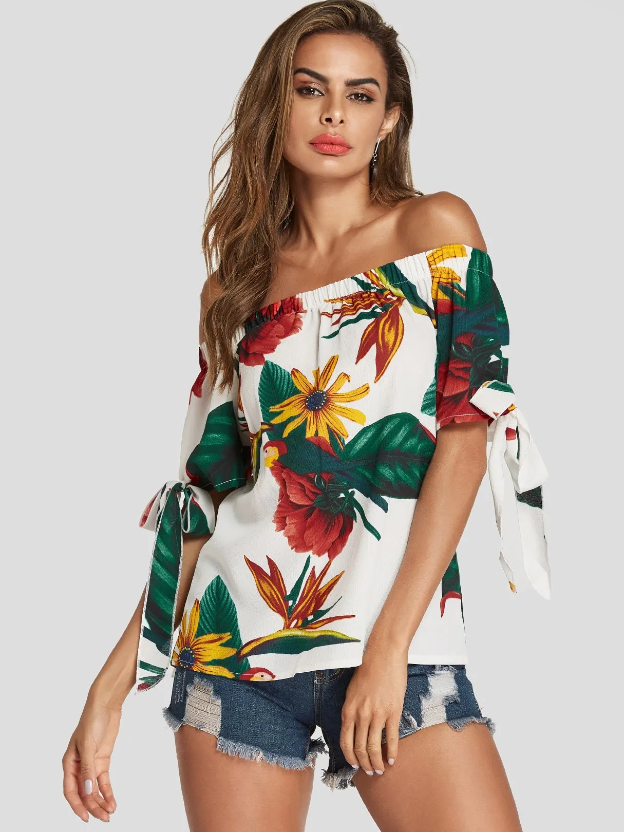 Custom Off The Shoulder Floral Print Short Sleeve Blouses