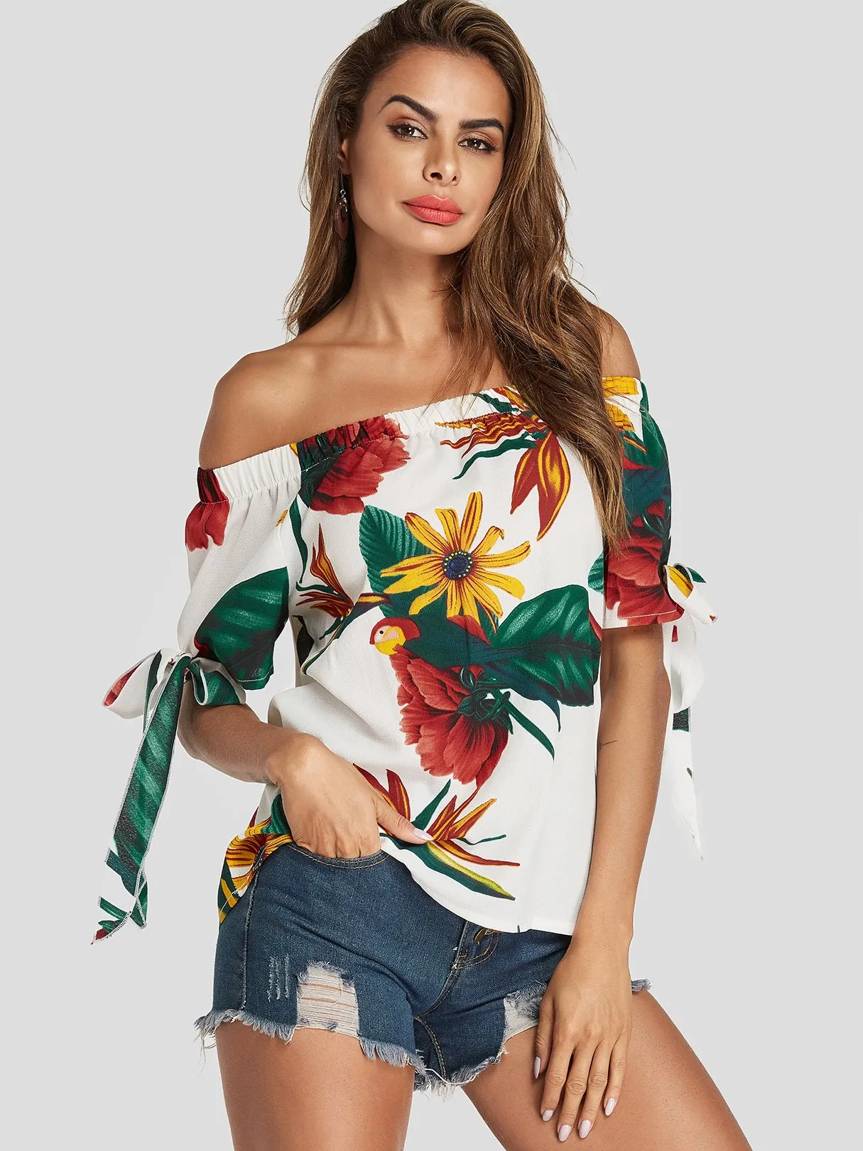 Custom Off The Shoulder Floral Print Short Sleeve Blouses